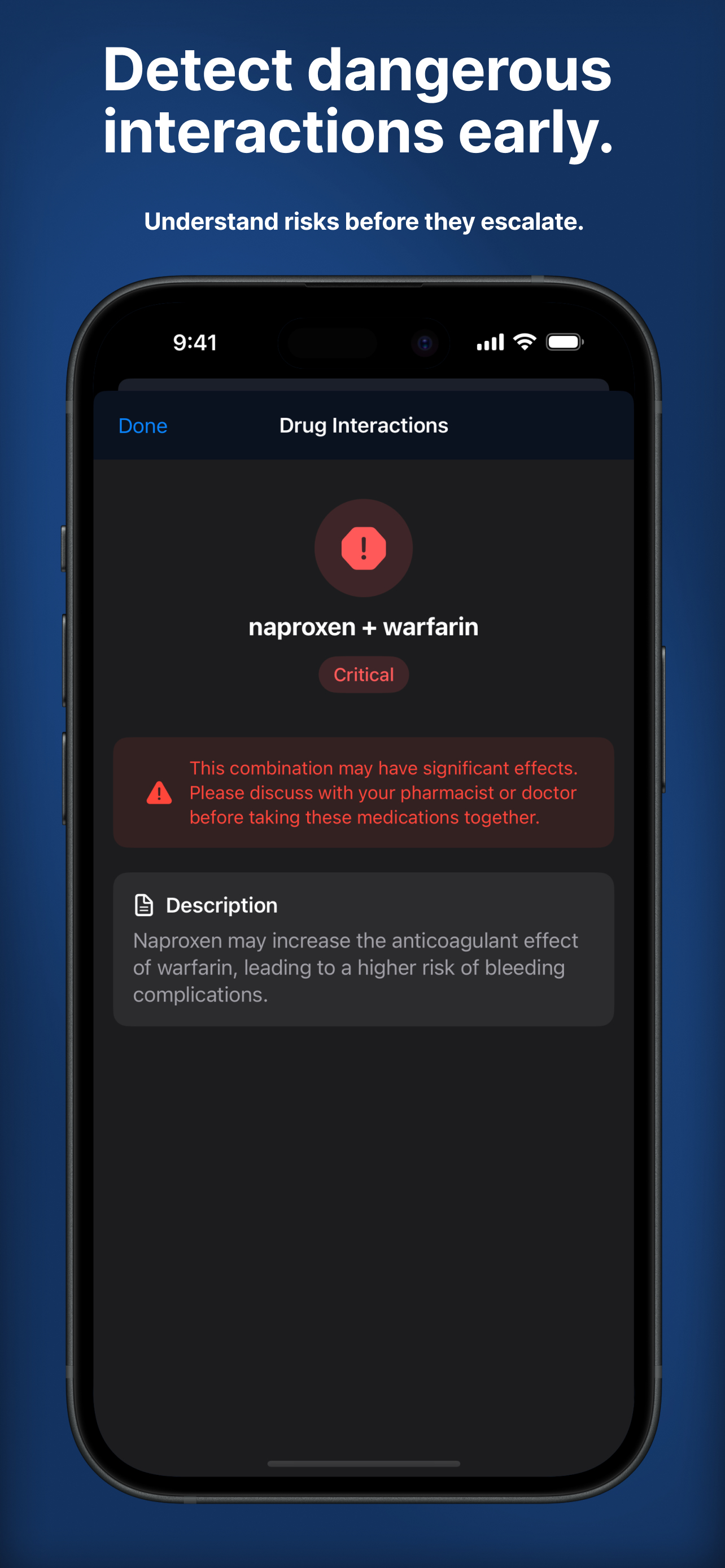Doseify drug interaction alert showing critical interaction between naproxen and warfarin
